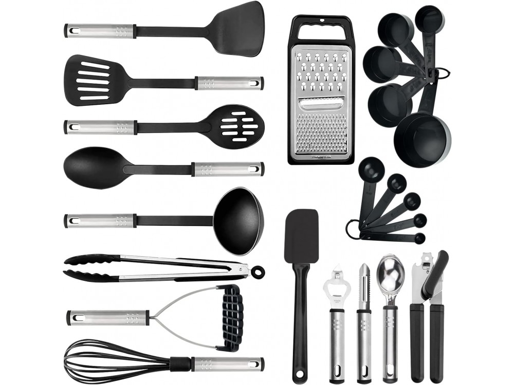 AJ Kitchen Utensil Set, 24pcs Cooking Utensil Set, Non-stick with Stainless Handle, Black