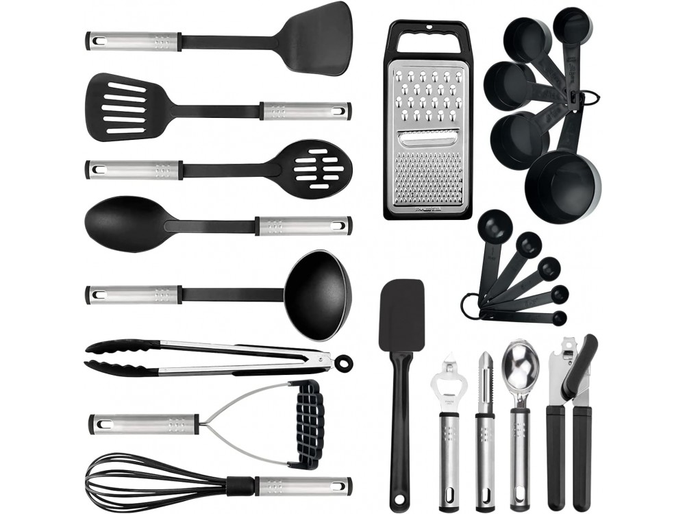 AJ Kitchen Utensil Set, Σετ Εργαλείων Μαγειρικής 24τμχ, Αντικολλητικά με Ανοξείδωτη Λαβή, Black