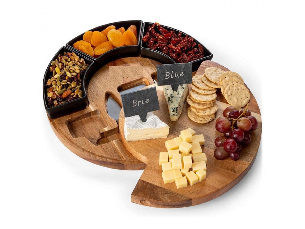 AJ More than Cheese, Cheese Platter from Bamboo, Plate & Set of 3 Knives & 3 Ceramic Bowls Black