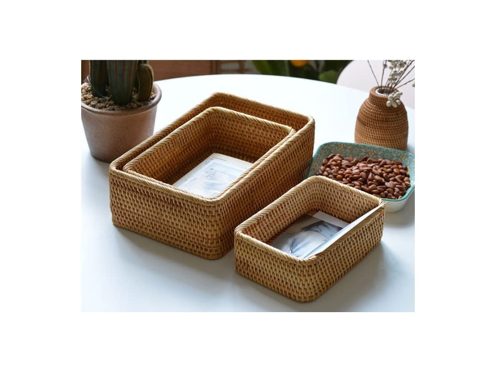 AJ Natural Rattan Storage Baskets Rectangular, Set of 3, Natural Brown