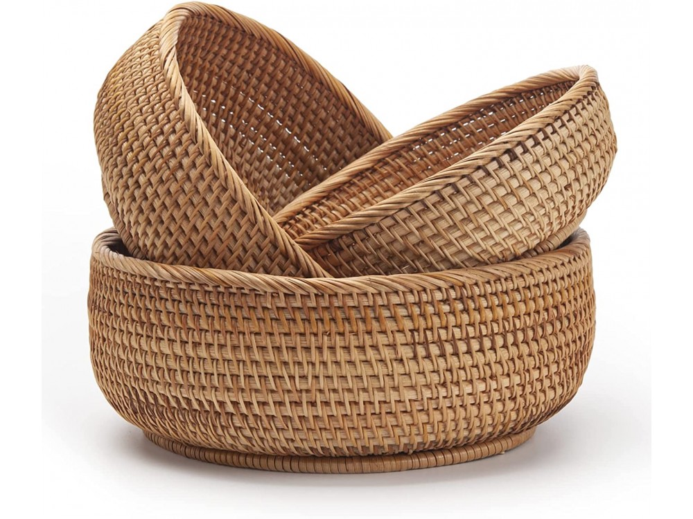 AJ Natural Rattan Storage Baskets Round, Καλάθια Αποθήκευσης Στρογγυλά, Σετ των 3τμχ, Natural Brown