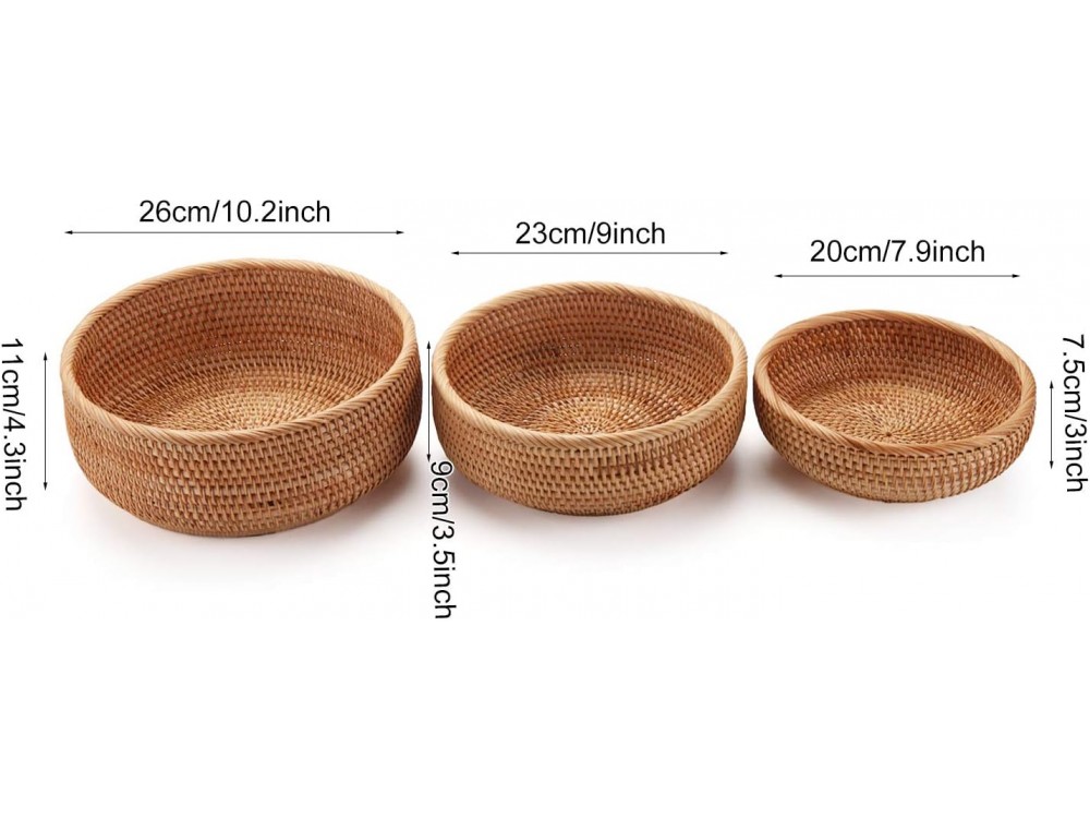 AJ Natural Rattan Storage Baskets Round, Storage Baskets Round, Set of 3pcs, Natural Brown