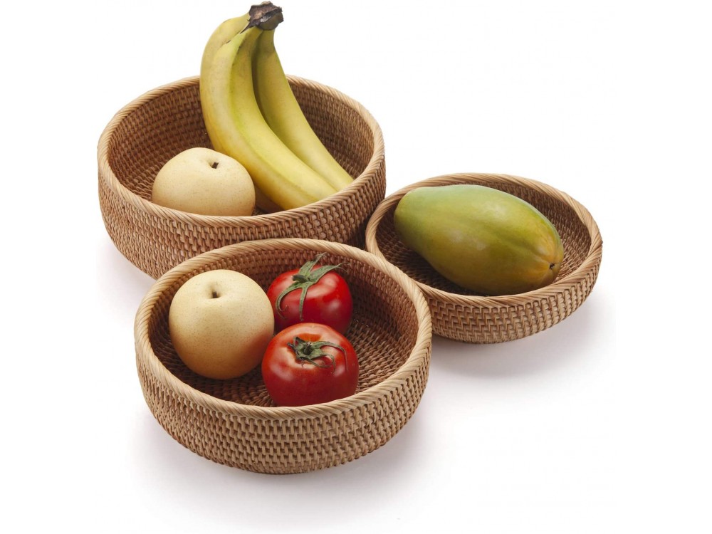 AJ Natural Rattan Storage Baskets Round, Καλάθια Αποθήκευσης Στρογγυλά, Σετ των 3τμχ, Natural Brown