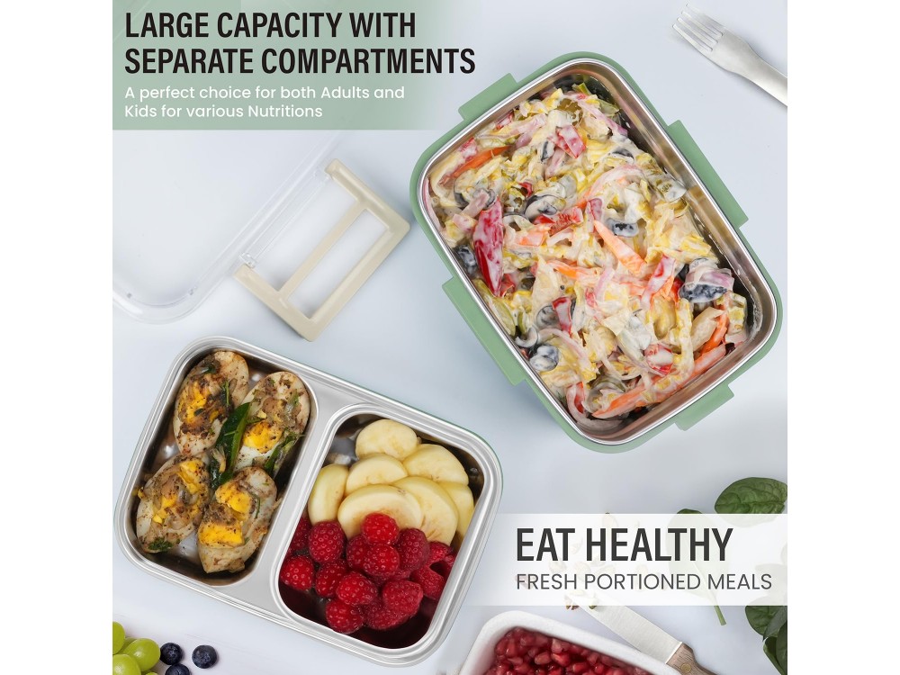 AJ O-Bento, Outdoor & Work Lunch Box, Stainless Steel 2-Tier Insulated Compartment, 1200ml, Green/Khaki