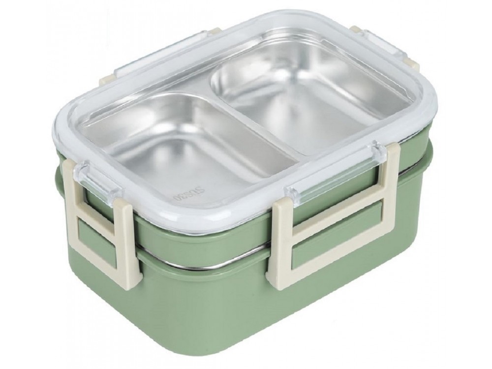 AJ O-Bento, Outdoor & Work Lunch Box, Stainless Steel 2-Tier Insulated Compartment, 1200ml, Green/Khaki