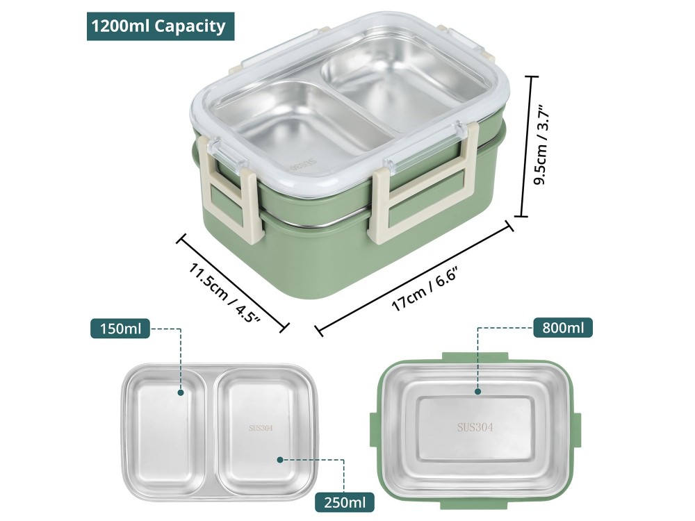 AJ O-Bento, Outdoor & Work Lunch Box, Stainless Steel 2-Tier Insulated Compartment, 1200ml, Green/Khaki