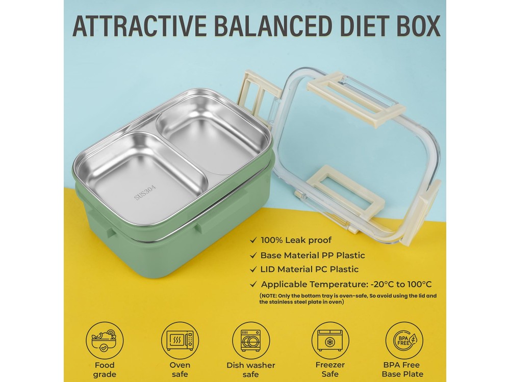 AJ O-Bento, Outdoor & Work Lunch Box, Stainless Steel 2-Tier Insulated Compartment, 1200ml, Green/Khaki