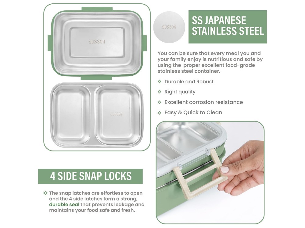 AJ O-Bento, Outdoor & Work Lunch Box, Stainless Steel 2-Tier Insulated Compartment, 1200ml, Green/Khaki
