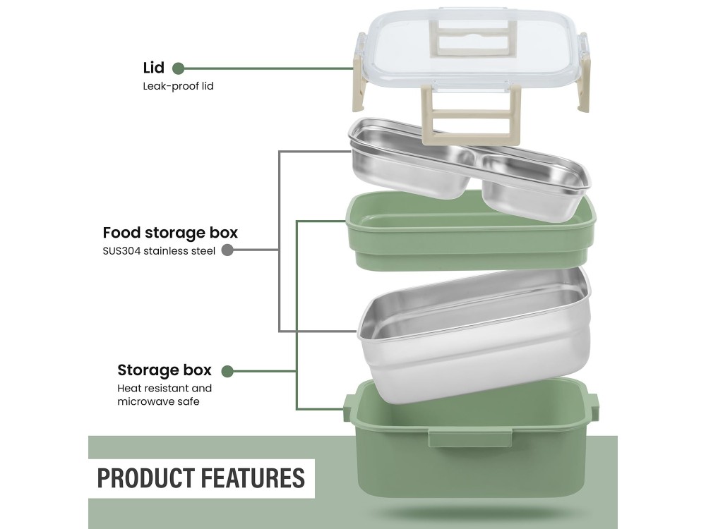 AJ O-Bento, Outdoor & Work Lunch Box, Stainless Steel 2-Tier Insulated Compartment, 1200ml, Green/Khaki