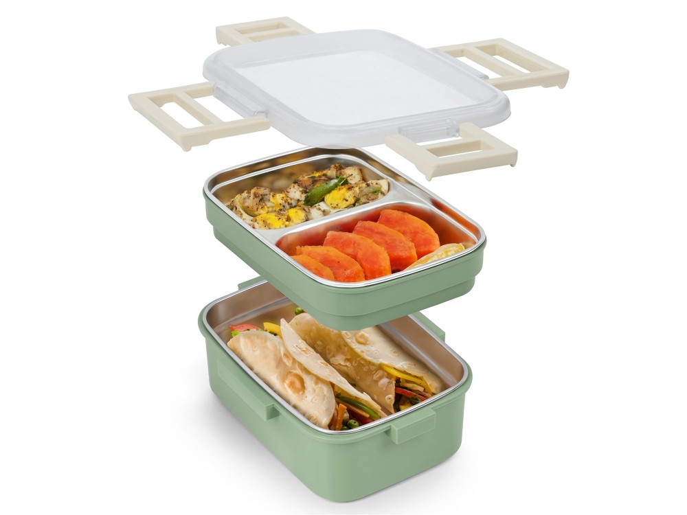 AJ O-Bento, Outdoor & Work Lunch Box, Stainless Steel 2-Tier Insulated Compartment, 1200ml, Green/Khaki