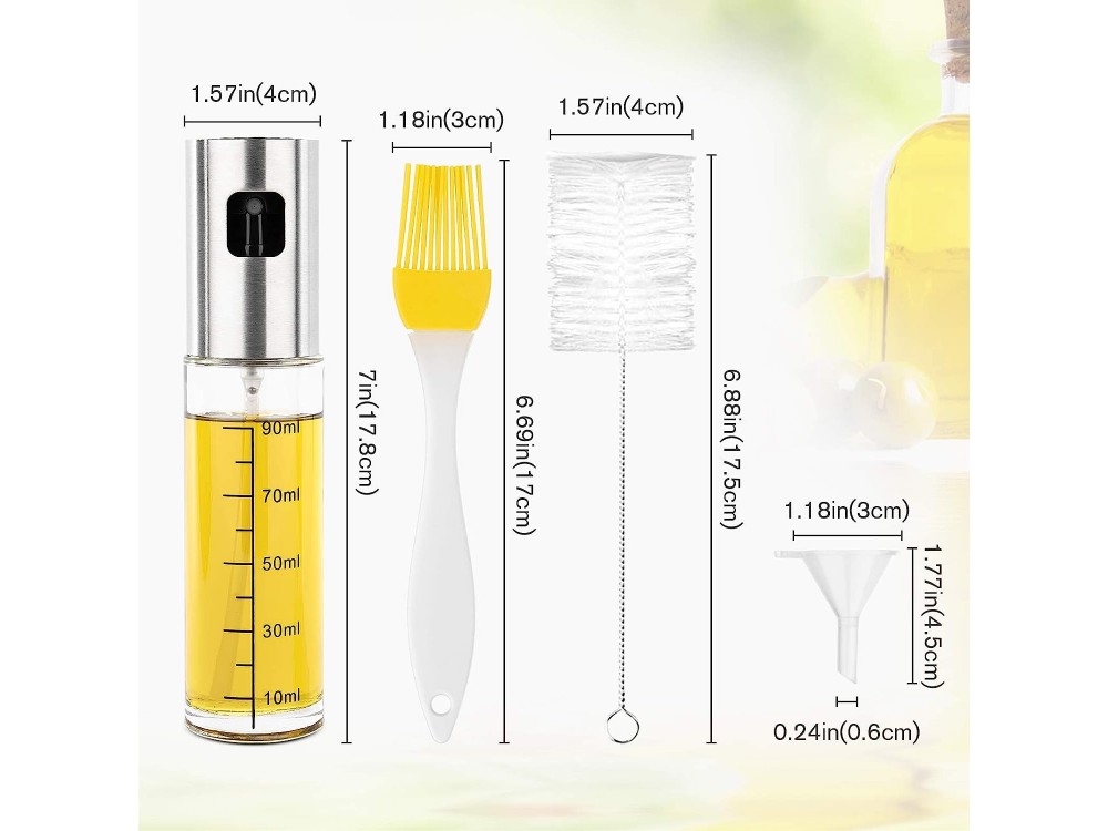 AJ 2-Pack Oil Sprayer for Cooking 100ml, Δοχείο Λαδιού Σπρέι Γυάλινο, Σετ των 2τμχ με Πινέλο, Βούρτσα Καθαρισμού & Χωνί
