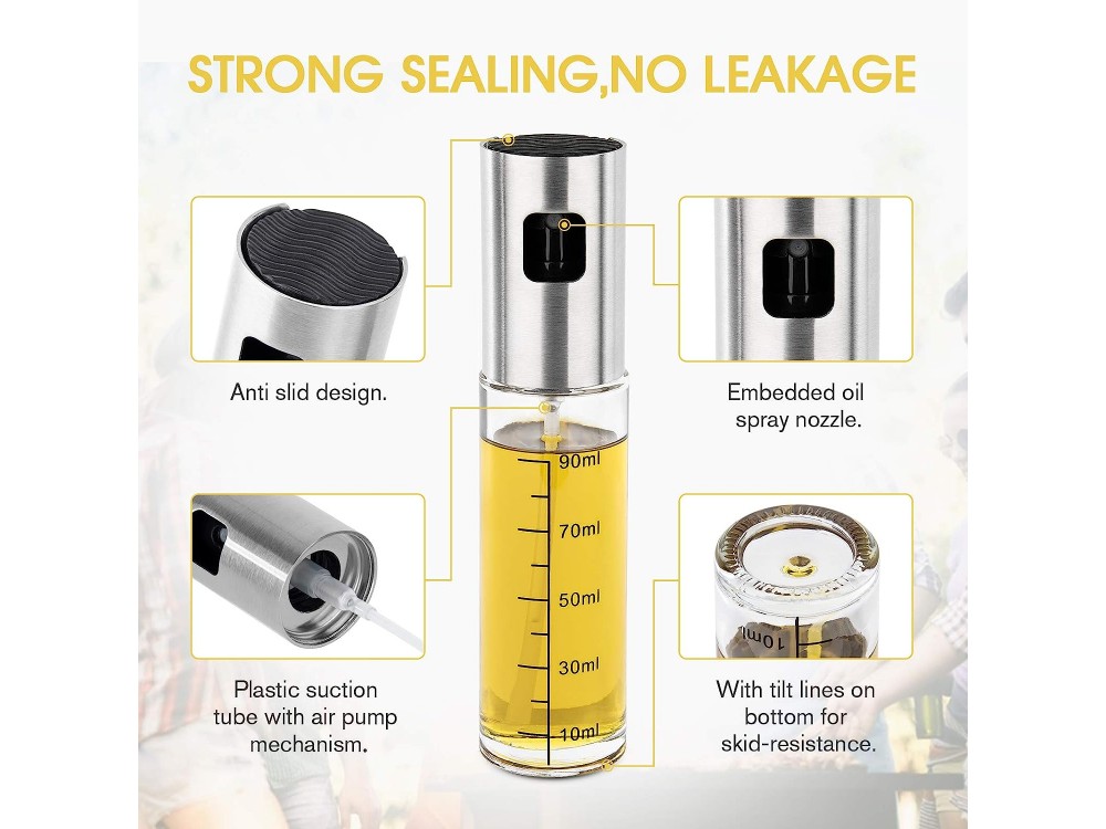 AJ 2-Pack Oil Sprayer for Cooking 100ml, Δοχείο Λαδιού Σπρέι Γυάλινο, Σετ των 2τμχ με Πινέλο, Βούρτσα Καθαρισμού & Χωνί
