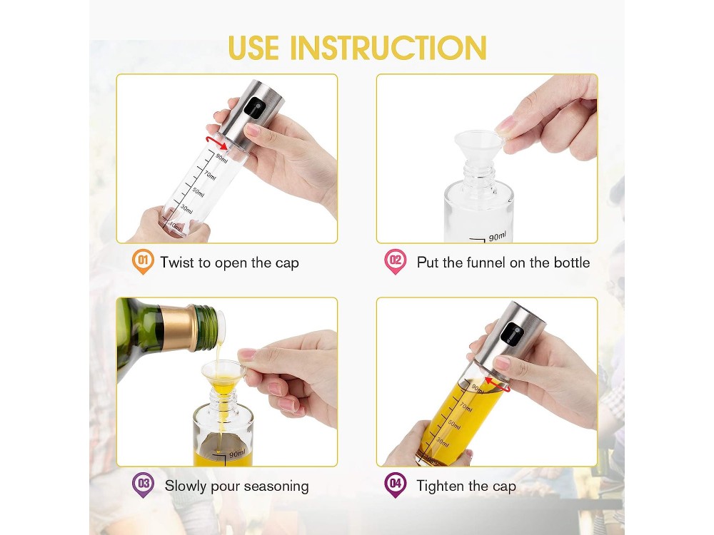 AJ 2-Pack Oil Sprayer for Cooking 100ml, Δοχείο Λαδιού Σπρέι Γυάλινο, Σετ των 2τμχ με Πινέλο, Βούρτσα Καθαρισμού & Χωνί