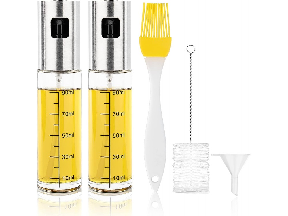 AJ 2-Pack Oil Sprayer for Cooking 100ml, Δοχείο Λαδιού Σπρέι Γυάλινο, Σετ των 2τμχ με Πινέλο, Βούρτσα Καθαρισμού & Χωνί