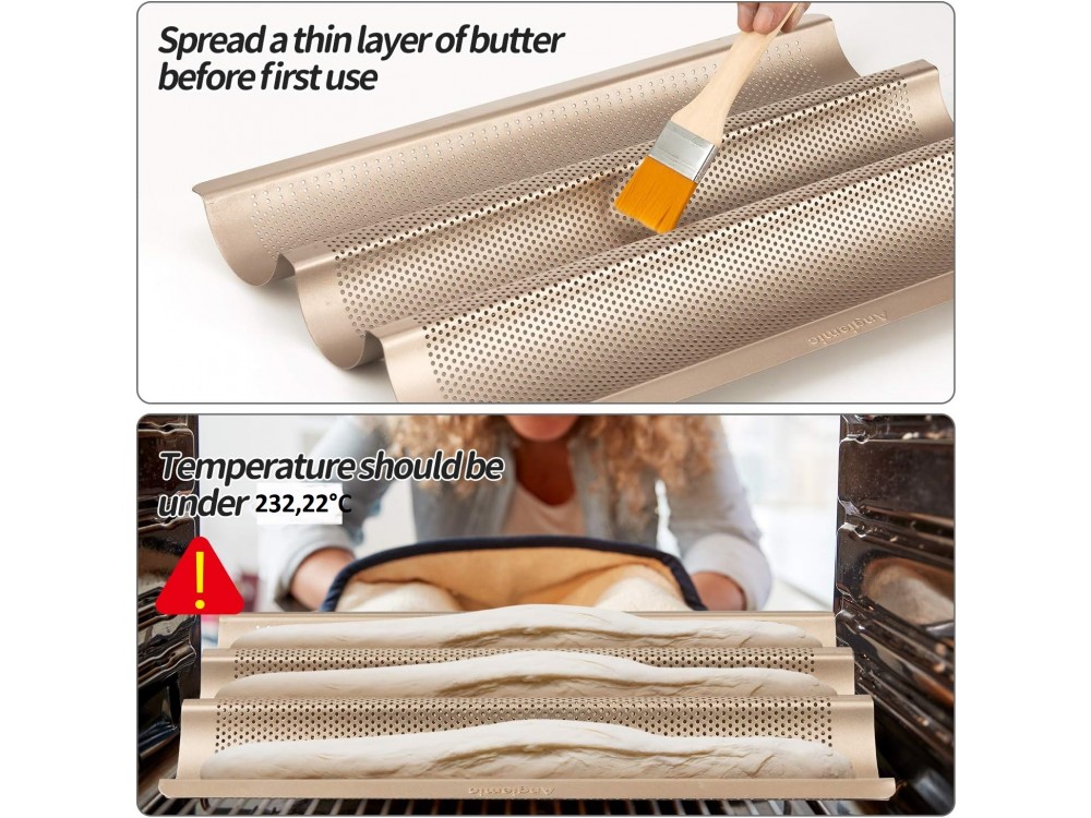 AJ Perforated Baguette Pan Baking Tray, Perforated Steel Baking Tray with 3 Places for Baguettes 38 x 28, Gold