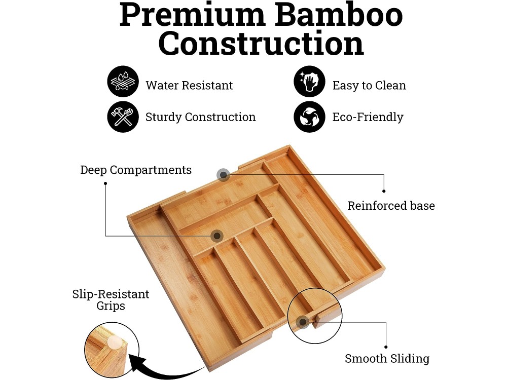 AJ Premium Drawer Organizer, Expandable Cutlery Organizer (7-9 Compartments) Made of Bamboo, 35-57 x 43 x 5cm
