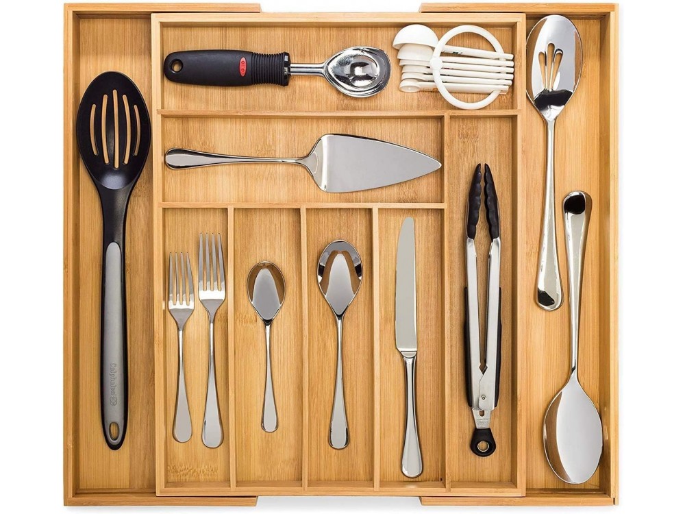 AJ Premium Drawer Organizer, Expandable Cutlery Organizer (7-9 Compartments) Made of Bamboo, 35-57 x 43 x 5cm