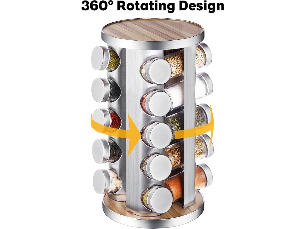 AJ Rotating Spice Rack Organiser & 20 Jars, 20 Θήκες Μπαχαρικών Γυάλινες σε Περιστρεφόμενη Βάση, Σετ με Ετικέτες & Χωνί