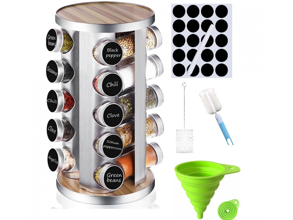 AJ Rotating Spice Rack Organiser & 20 Jars, 20 Θήκες Μπαχαρικών Γυάλινες σε Περιστρεφόμενη Βάση, Σετ με Ετικέτες & Χωνί