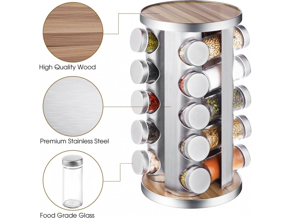 AJ Rotating Spice Rack Organiser & 20 Jars, 20 Θήκες Μπαχαρικών Γυάλινες σε Περιστρεφόμενη Βάση, Σετ με Ετικέτες & Χωνί