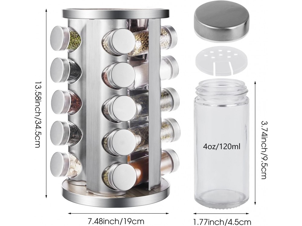 AJ Rotating Spice Rack Organiser & 20 Jars, 20 Θήκες Μπαχαρικών Γυάλινες σε Περιστρεφόμενη Βάση, Σετ με Ετικέτες & Χωνί