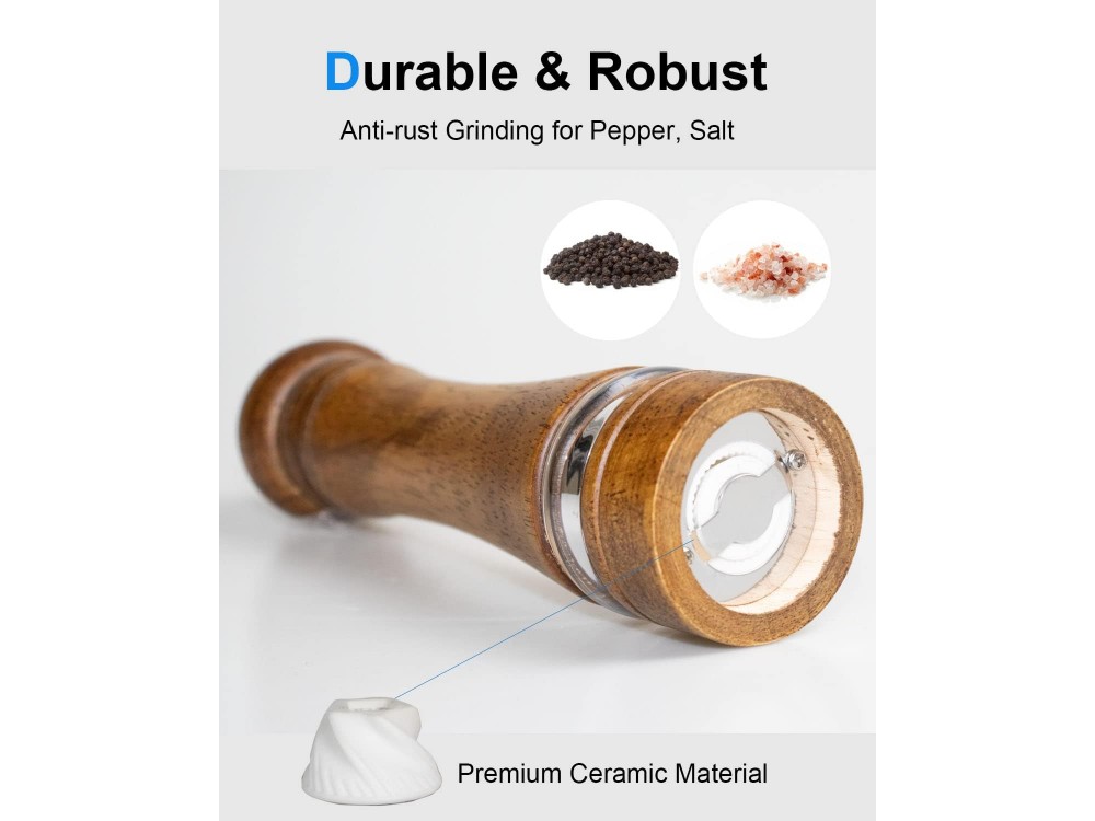 AJ Salt and Pepper Mill, Κεραμικός Μύλος Αλατιού & Πιπεριού με Ρυθμιζόμενη Άλεση 20cm, Wooden
