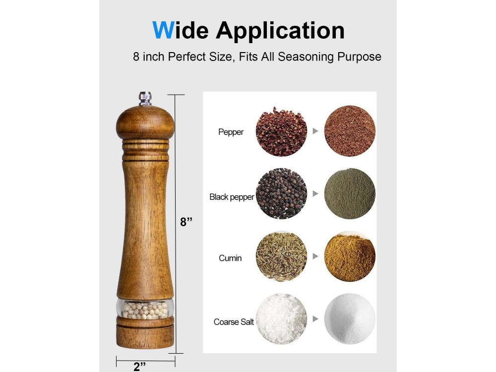 AJ Salt and Pepper Mill, Κεραμικός Μύλος Αλατιού & Πιπεριού με Ρυθμιζόμενη Άλεση 20cm, Wooden