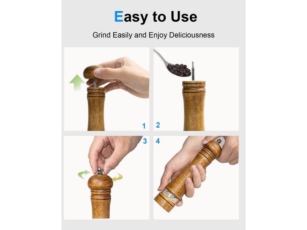 AJ Salt and Pepper Mill, Κεραμικός Μύλος Αλατιού & Πιπεριού με Ρυθμιζόμενη Άλεση 20cm, Wooden
