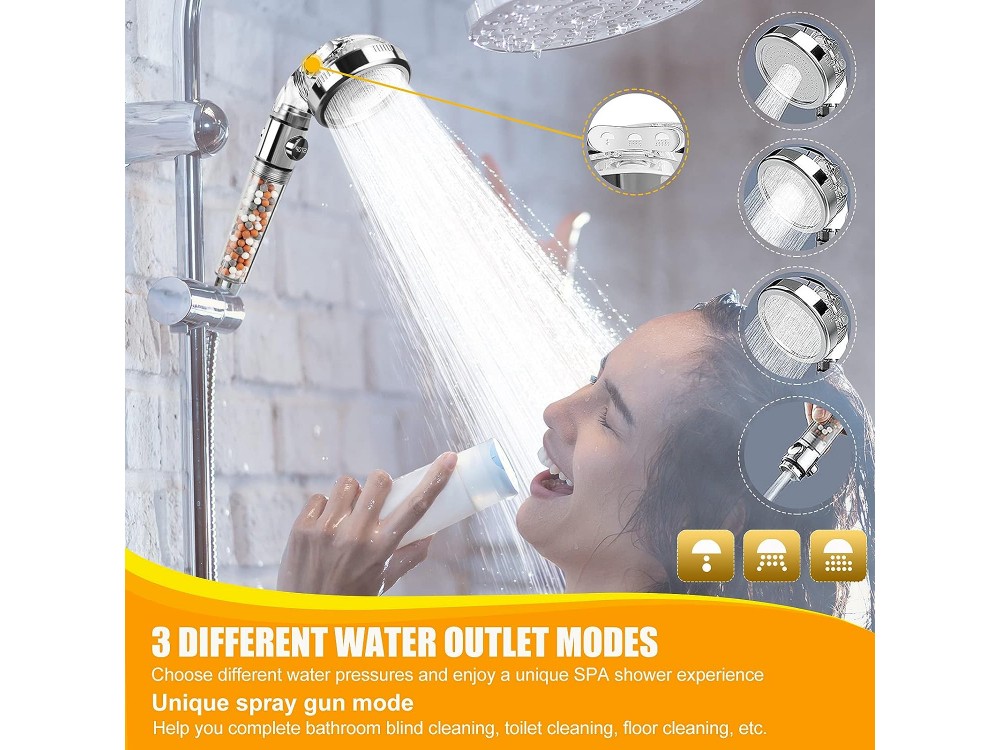 AJ Shower Head, Shower Head with Filter, 3 Flow Settings and Pause Switch, Set of Replacement Stones, Base & Spiral