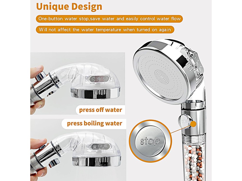 AJ Shower Head, Shower Head with Filter, 3 Flow Settings and Pause Switch, Set of Replacement Stones, Base & Spiral