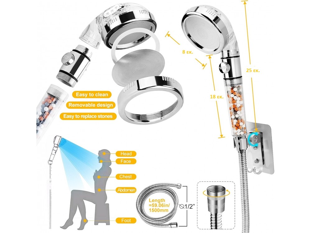 AJ Shower Head, Shower Head with Filter, 3 Flow Settings and Pause Switch, Set of Replacement Stones, Base & Spiral