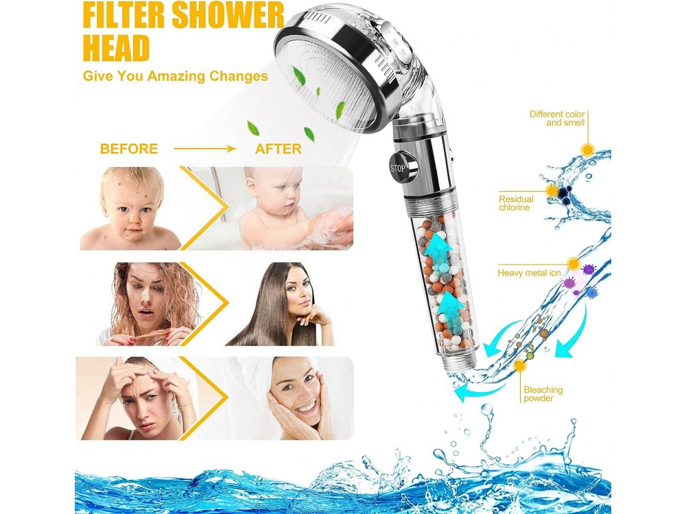 AJ Shower Head, Shower Head with Filter, 3 Flow Settings and Pause Switch, Set of Replacement Stones, Base & Spiral