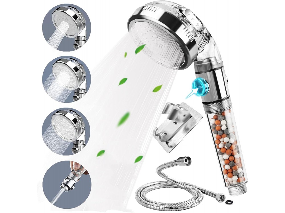 AJ Shower Head, Shower Head with Filter, 3 Flow Settings and Pause Switch, Set of Replacement Stones, Base & Spiral