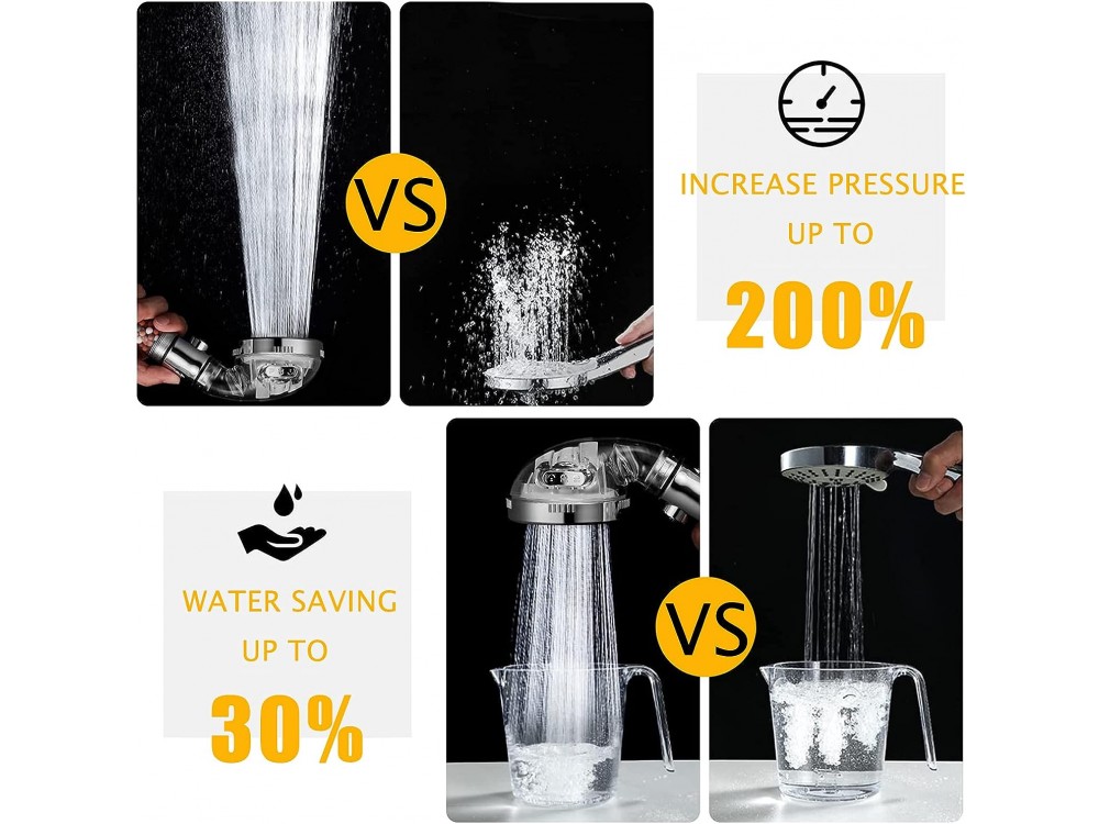 AJ Shower Head, Shower Head with Filter, 3 Flow Settings and Pause Switch, Set of Replacement Stones, Base & Spiral