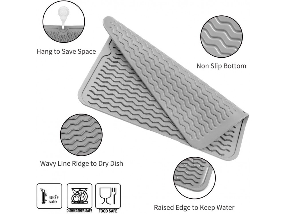 AJ Silicone Dish Drying Mat, Drying Surface L (40 x 30cm), Grey