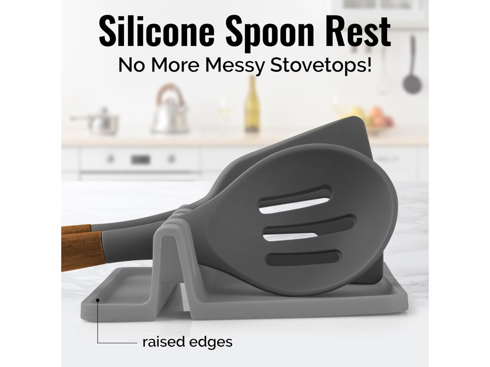 AJ Silicone Spoon Rest with Drip Pad, Βάση Κουτάλας πολλών Θέσεων, Σετ των 2τμχ, Grey