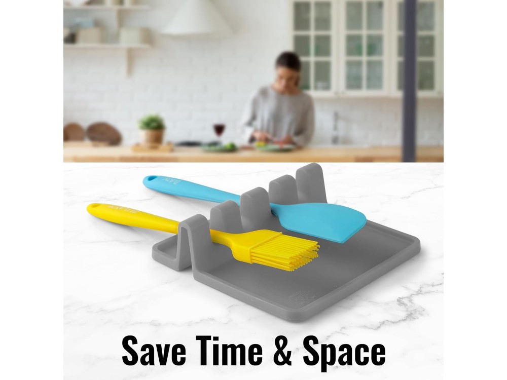 AJ Silicone Spoon Rest with Drip Pad, Βάση Κουτάλας πολλών Θέσεων, Σετ των 2τμχ, Grey