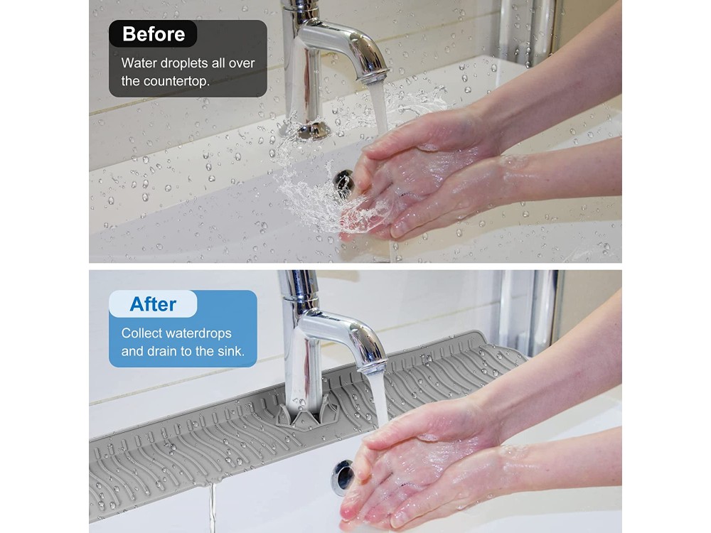 AJ Sink Splash Guard Mat, Προστατευτική Επιφάνεια Νεροχύτη Σιλικόνης 61cm, Καθαριζόμενη με Θέση για Σφουγγάρι, Grey