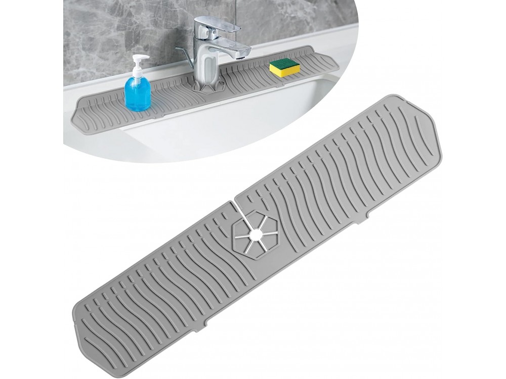 AJ Sink Splash Guard Mat, Silicone Sink Protective Surface 61cm, Cleanable with Sponge Holder, Gray