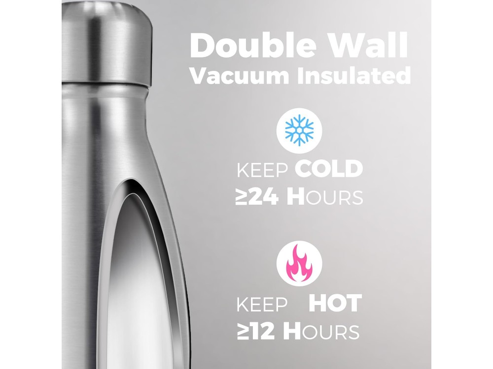 AJ Stainless Steel Water Bottle Double Walled & BPA Free, Θερμός Ανοξείδωτο, 1000ml, Silver