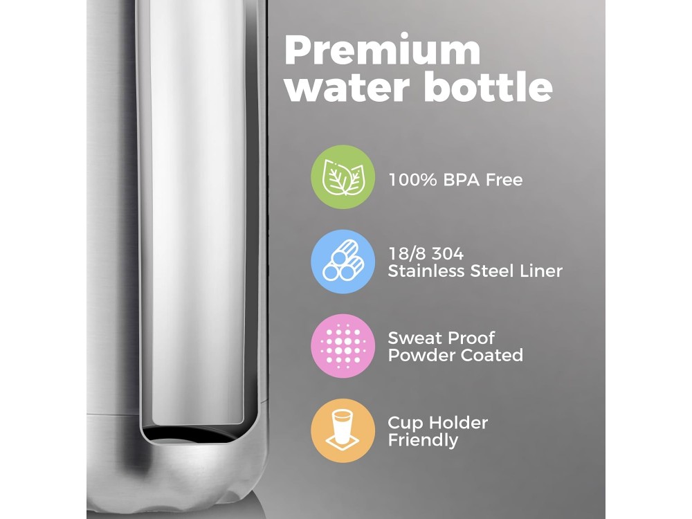 AJ Stainless Steel Water Bottle Double Walled & BPA Free, Θερμός Ανοξείδωτο, 1000ml, Silver