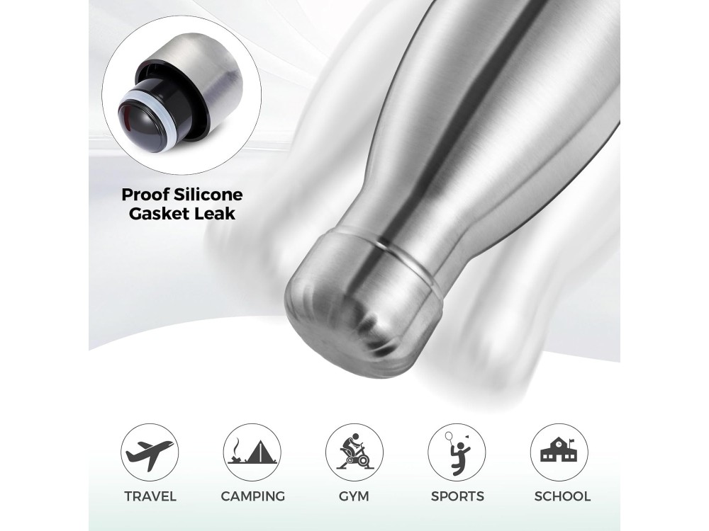 AJ Stainless Steel Water Bottle Double Walled & BPA Free, Θερμός Ανοξείδωτο, 1000ml, Silver