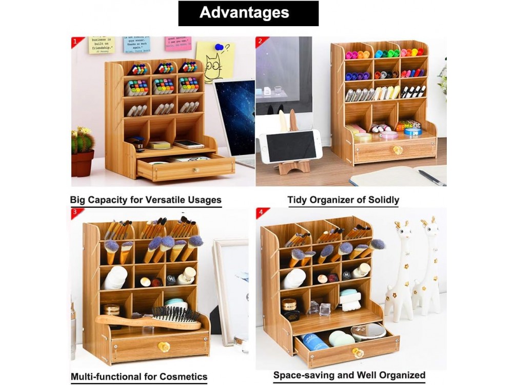 AJ Wooden Desk Organizer, Οργανωτής Γραφείου με Μολυβοθήκες και Συρτάρι, 25.5 x 15 x 21, Cherry Brown