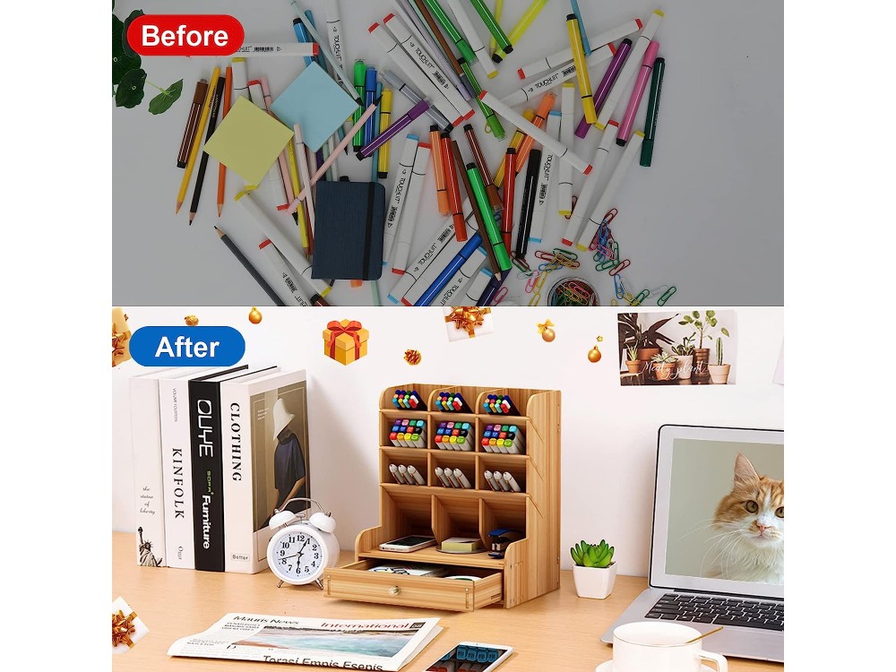 AJ Wooden Desk Organizer, Οργανωτής Γραφείου με Μολυβοθήκες και Συρτάρι, 25.5 x 15 x 21, Cherry Brown