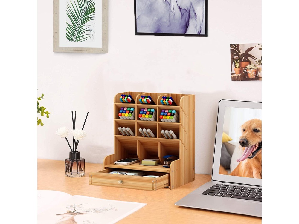 AJ Wooden Desk Organizer, Οργανωτής Γραφείου με Μολυβοθήκες και Συρτάρι, 25.5 x 15 x 21, Cherry Brown