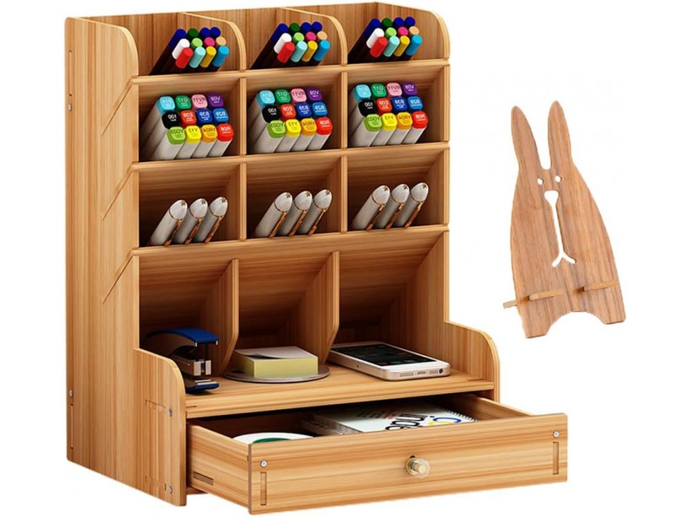 AJ Wooden Desk Organizer, Οργανωτής Γραφείου με Μολυβοθήκες και Συρτάρι, 25.5 x 15 x 21, Cherry Brown