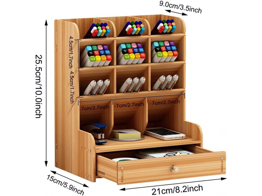 AJ Wooden Desk Organizer, Οργανωτής Γραφείου με Μολυβοθήκες και Συρτάρι, 25.5 x 15 x 21, Cherry Brown