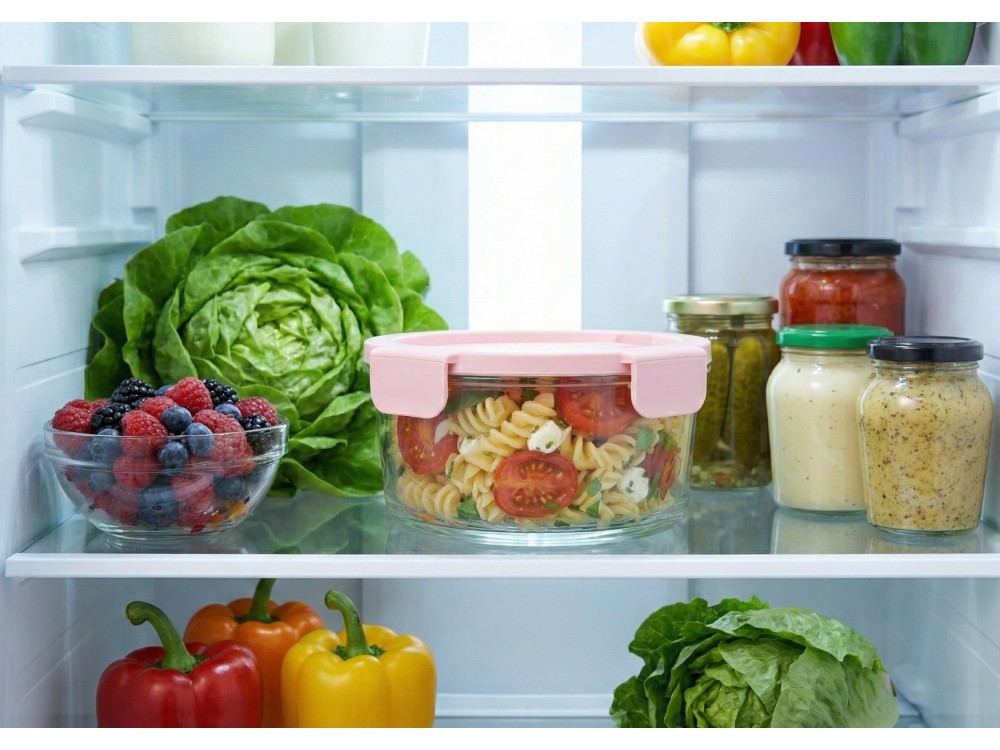AJ Glass Food Container Round with Pink Lid & Airtight Closure 420ml