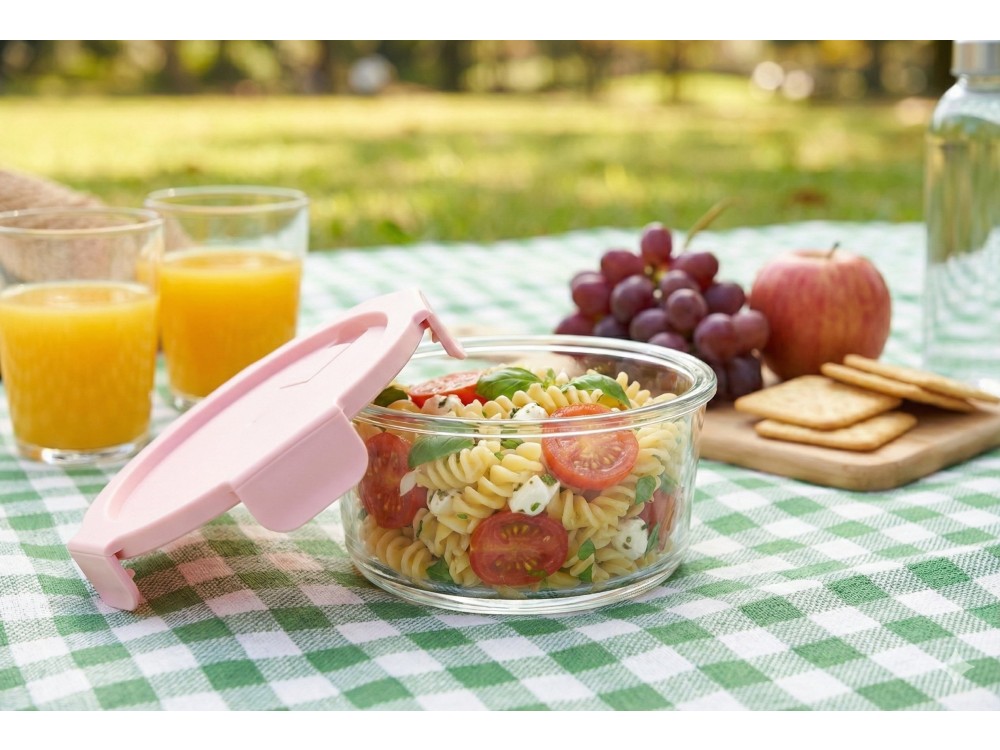 AJ Glass Food Container Round with Pink Lid & Airtight Closure 420ml