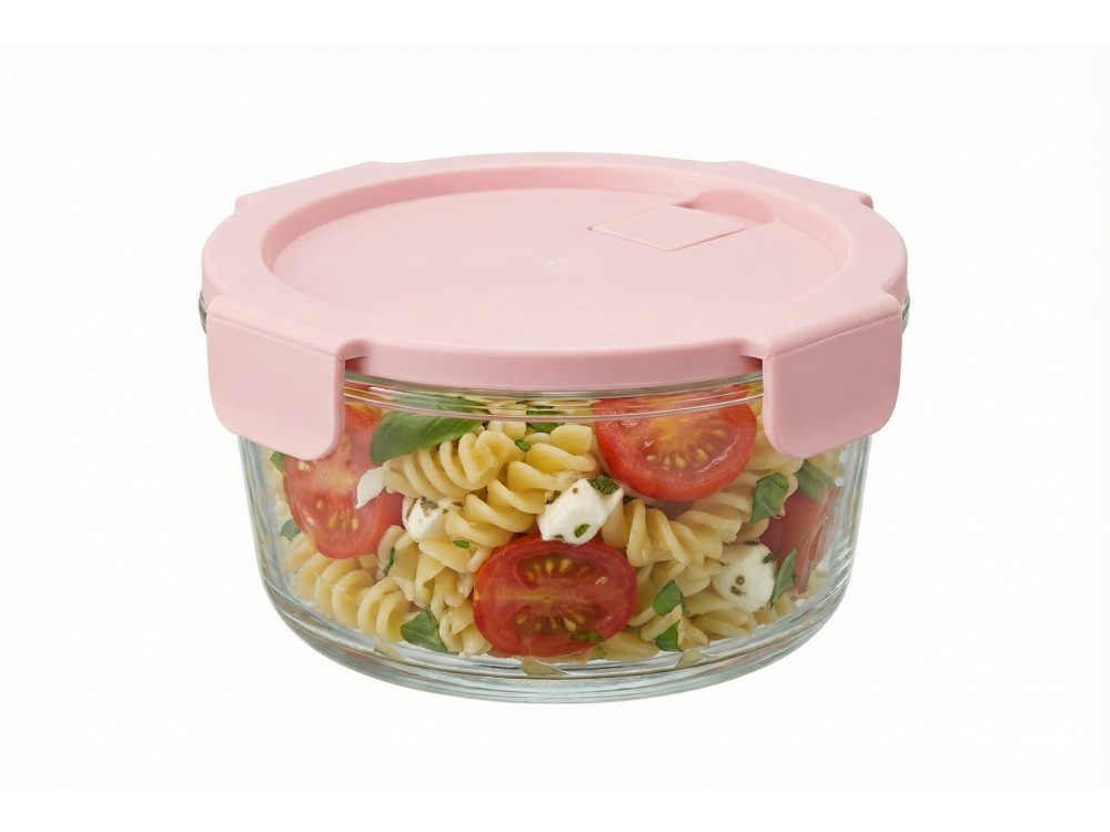 AJ Glass Food Container Round with Pink Lid & Airtight Closure 420ml